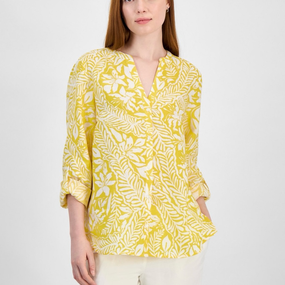 Charter Club Yellow and White Cuffed Sleeve Blouse